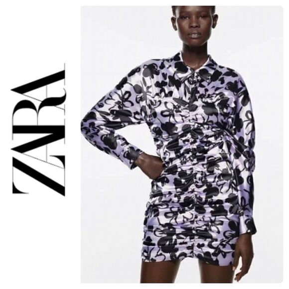 NWT Zara Blogger’s Favorite “The Dita” Satin Effect Printed Ruched Mini Dress - Picture 1 of 16